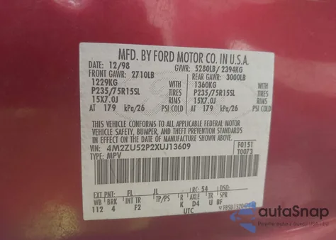 1999 Mercury Mountaineer z USA, uszkodzony, nr VIN 4M2ZU52P2XUJ13609